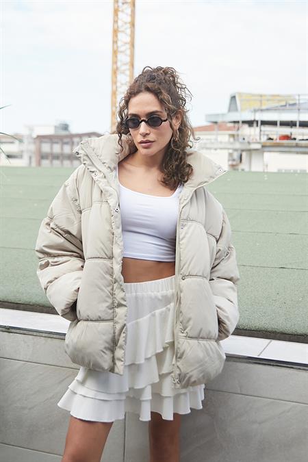 Kadın Mykonos Yüksek Bel Fırfırlı Hafif Mini Etek(boyu 44cm +-2cm)-Krem