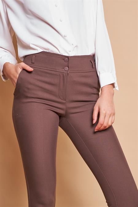 Yüksek Bel Kalın Kemerli Cepli Dar Paça Bilek Boy Pamuklu Likralı Kumaş Pantolon-Kaki 
