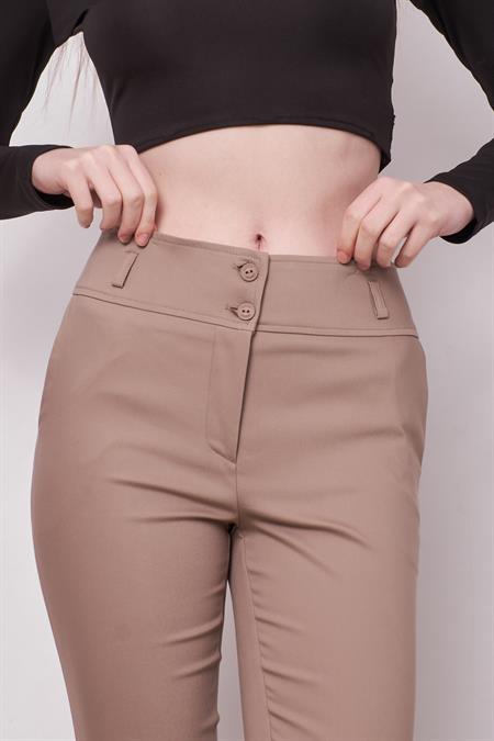Yüksek Bel Kalın Kemerli Cepli Dar Paça Bilek Boy Pamuklu Likralı Kumaş Pantolon -Vizon 