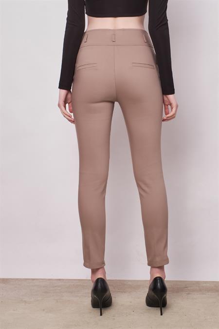 Yüksek Bel Kalın Kemerli Cepli Dar Paça Bilek Boy Pamuklu Likralı Kumaş Pantolon -Vizon 