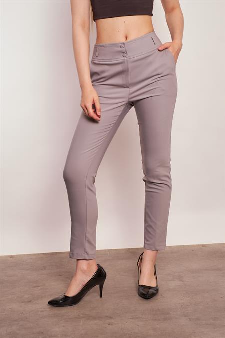 Yüksek Bel Kalın Kemerli Cepli Dar Paça Bilek Boy Pamuklu Likralı Kumaş Pantolon-Gri