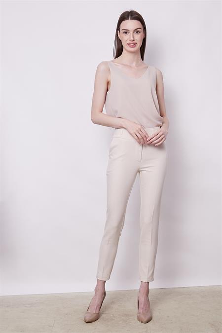 Yüksek Bel Kalın Kemerli Cepli Dar Paça Bilek Boy Pamuklu Likralı Kumaş Pantolon -Şampanya 