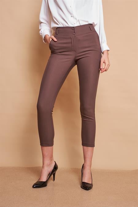 Yüksek Bel Kalın Kemerli Cepli Dar Paça Bilek Boy Pamuklu Likralı Kumaş Pantolon-Kaki 