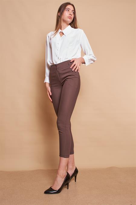 Yüksek Bel Kalın Kemerli Cepli Dar Paça Bilek Boy Pamuklu Likralı Kumaş Pantolon-Kaki 