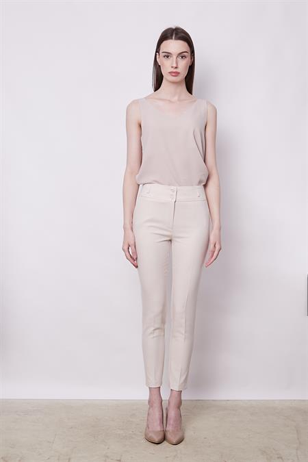 Yüksek Bel Kalın Kemerli Cepli Dar Paça Bilek Boy Pamuklu Likralı Kumaş Pantolon -Şampanya 