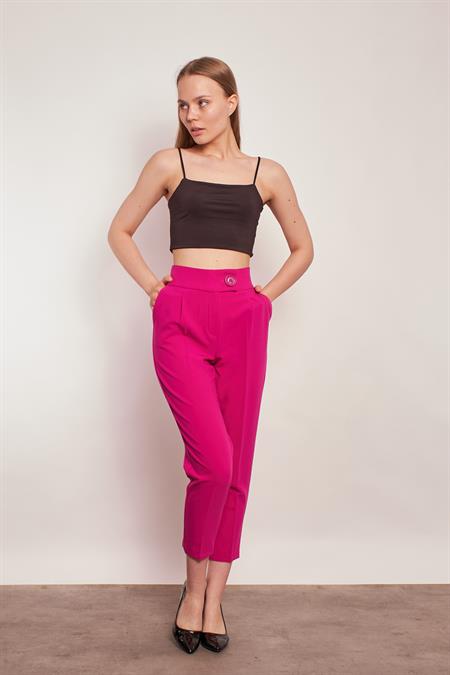 Yüksek Bel Kalın Kemerli Yan Cepli Pileli Havuç Paça Hafif Likralı Kumaş Pantolon-Açık Magenta