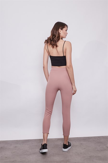 Yüksek Bel Likralı Esnek Kumaş Paça Fermuar Detaylı Şık Kumaş Pantolon-Koyu Pudra