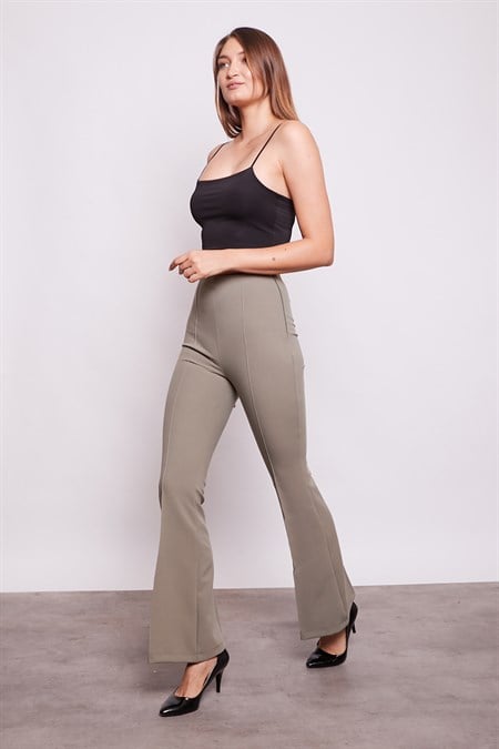 Yüksek Bel Ön Arka Dikişili İspanyol Paça Tayt Kumaş Pantolon-Haki