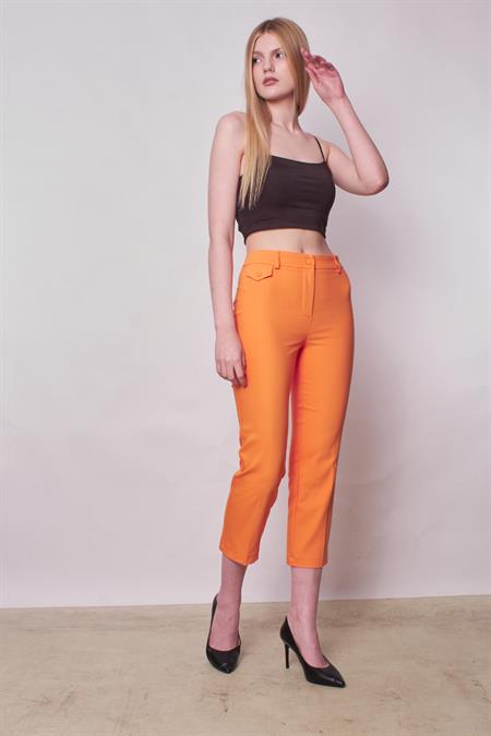 Yüksek Bel Önden Cep Kapaklı Boru Paça Hafif Likralı Kumaş Pantolon-Mango