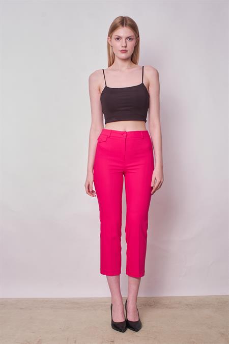 Yüksek Bel Önden Cep Kapaklı Boru Paça Hafif Likralı Kumaş Pantolon-Fujya