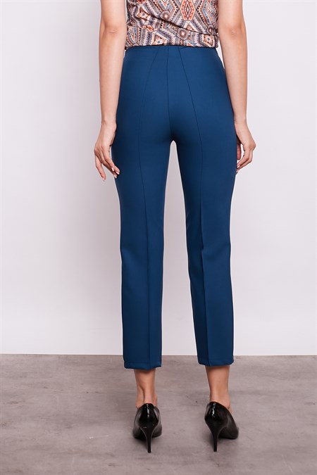 Kadın Yüksek Bel Önü Dikişli Beli Apoletli Düğmeli Boru Paça Kumaş Pantolon -Petrol