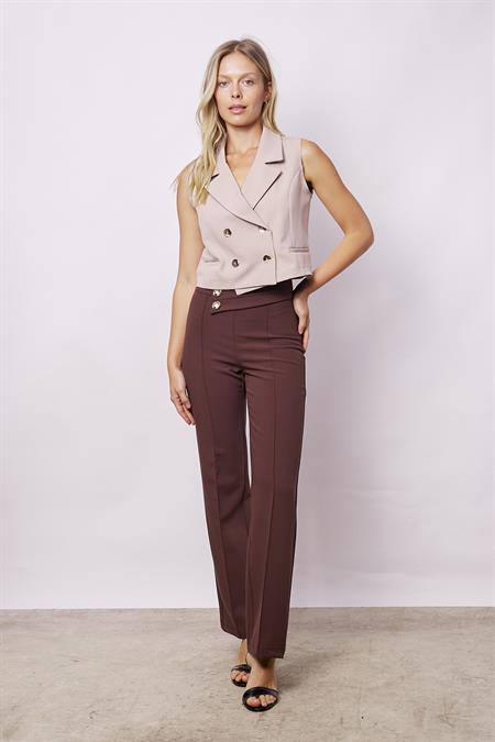 Kadın Yüksek Bel Önü Dikişli Kemeri Düğmeli Rahat Paça Hafif Likralı Kumaş Ofis Pantolon-Kahve