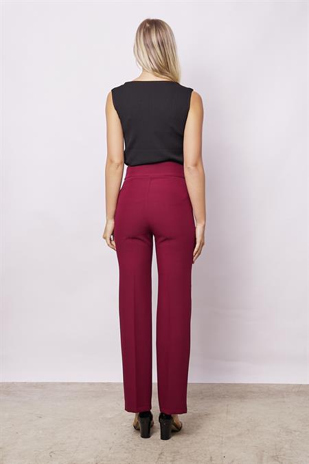 Kadın Yüksek Bel Önü Dikişli Kemeri Düğmeli Rahat Paça Hafif Likralı Kumaş Ofis Pantolon-Bordo