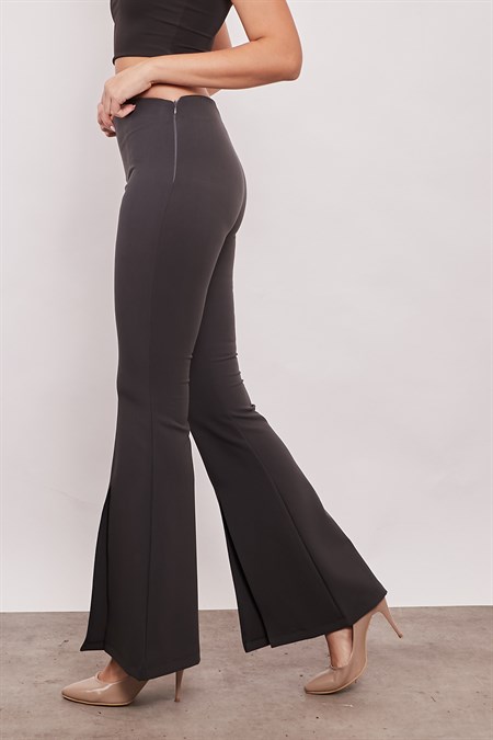 Kadın Yüksek Bel Önü Dikişli Paçası Yırtmaçlı İspanyol Paça Likralı Pantolon-Antrasit