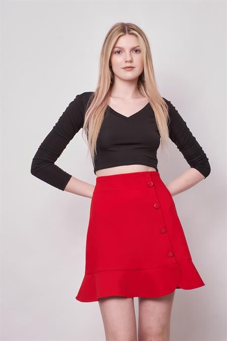 JUMENTkadın yüksek bel önü düğmeli volanlı mini etek