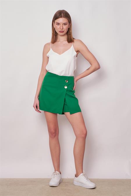 Kadın Yüksek Bel Dokuma Kumaş Midi Boy Şort Etek (boy:38cm +-2cm)-B.Yeşil