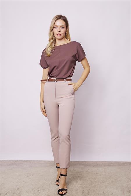 Kadın Yüksek Bel Yan Cepli Bilek Boy Kemerli Hafif Likralı Kumaş Pantolon(Kemer dahil)-Taş