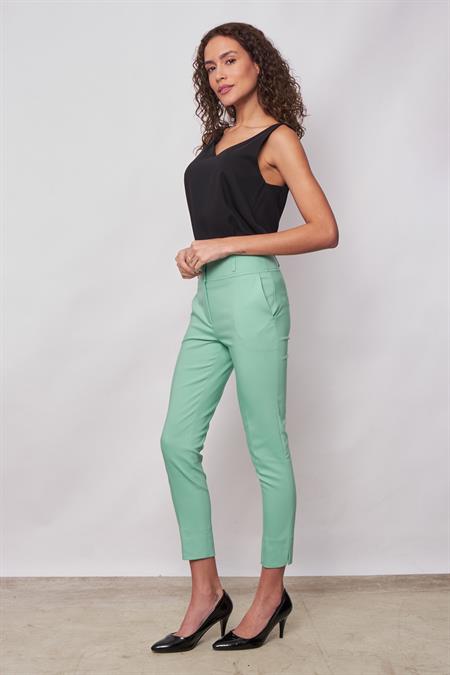 Yüksek Bel Cepli Paçası Yırtmaçlı Bilek Boy Hafif Likralı Kumaş Şık Ofis Pantolon-Mint 