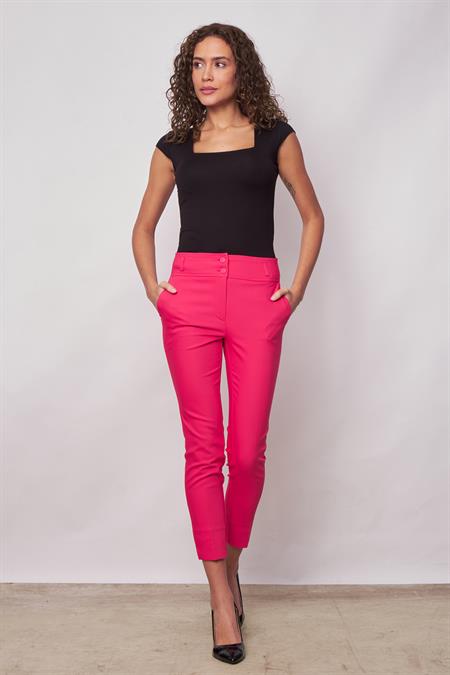 Yüksek Bel Cepli Paçası Yırtmaçlı Bilek Boy Hafif Likralı Kumaş Şık Ofis Pantolon-Fujya 