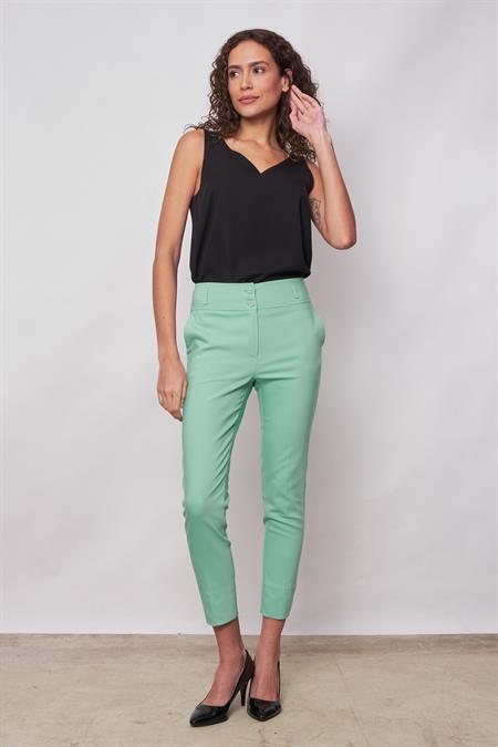 Yüksek Bel Cepli Paçası Yırtmaçlı Bilek Boy Hafif Likralı Kumaş Şık Ofis Pantolon-Mint 