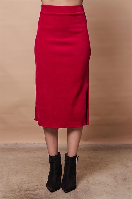 Kadın Fitilli Esnek Kadife Kumaş Yüksek Bel Yırtmaçlı Diz Altı Dar Kesim Kalem Etek(Bluz Jument 20508)-Şarap