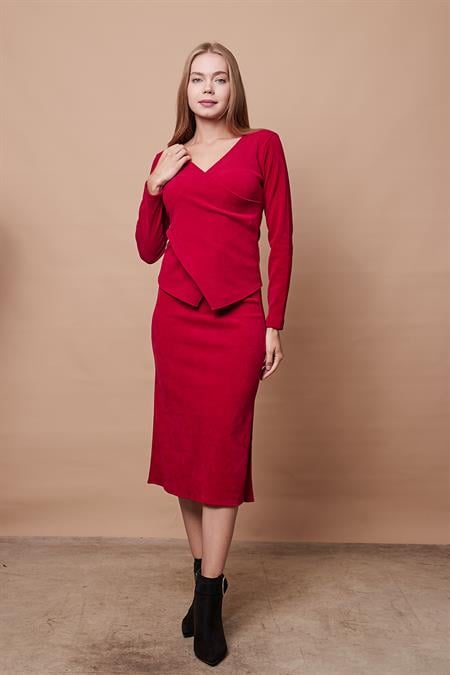 Kadın Fitilli Esnek Kadife Kumaş Yüksek Bel Yırtmaçlı Diz Altı Dar Kesim Kalem Etek(Bluz Jument 20508)-Şarap