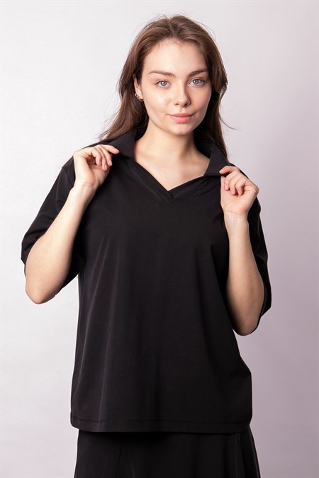 Kadın Yumşak Dokulu Esnek Kumaş V Yaka Yakalı Düşük Omuzlu Dirsek Boy Kollu Oversize Bluz-Siyah