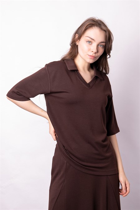 Kadın Yumşak Dokulu Esnek Kumaş V Yaka Yakalı Düşük Omuzlu Dirsek Boy Kollu Oversize Bluz-Kahve