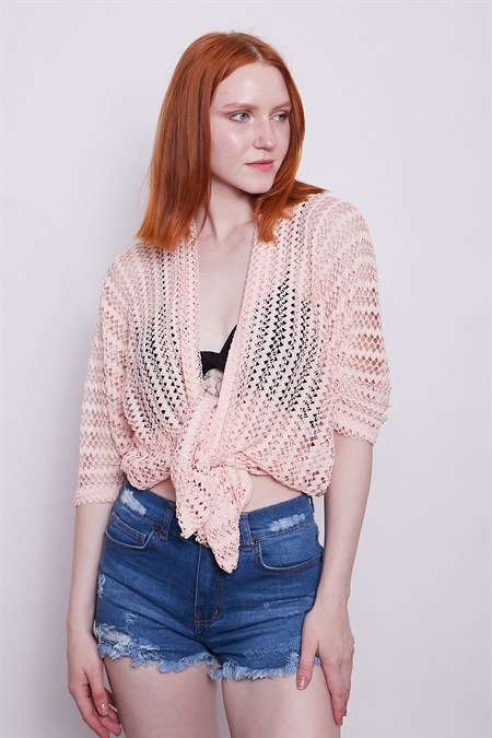 Zigzag File Salaş Yarasa Kol Hırka -Pudra