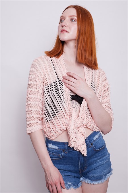 Zigzag File Salaş Yarasa Kol Hırka -Pudra