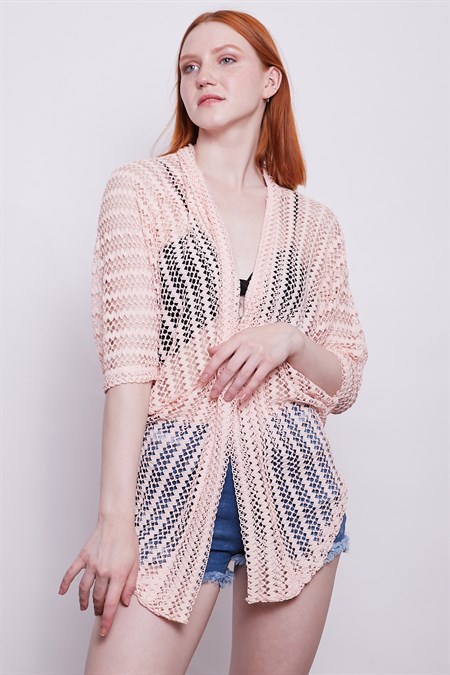 Zigzag File Salaş Yarasa Kol Hırka -Pudra