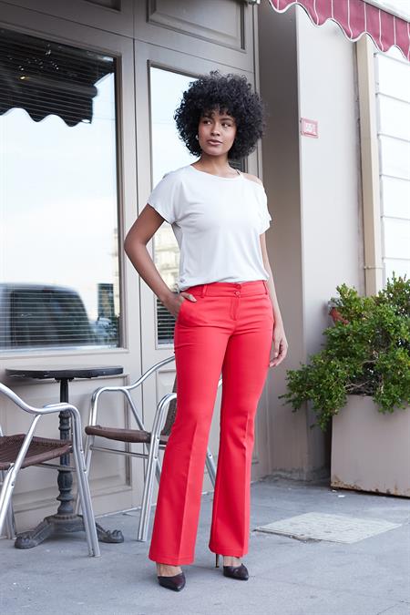 Kalın Kemerli Cepli İspanyol Bol Paça Likralı Kumaş Pantolon-Kırmızı