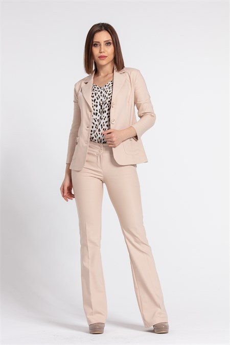 Kalın Kemerli Cepli İspanyol Bol Paça Likralı Kumaş Pantolon- Bej