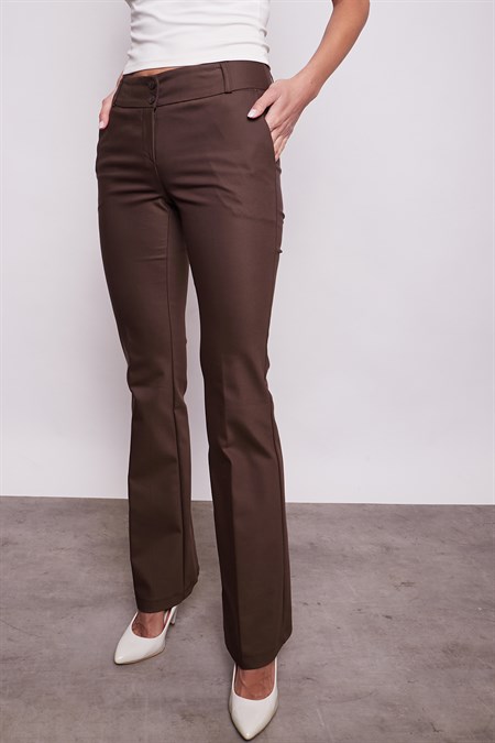 Kalın Kemerli Cepli İspanyol Bol Paça Likralı Kumaş Pantolon - Kahve