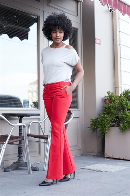 Kalın Kemerli Cepli İspanyol Bol Paça Likralı Kumaş Pantolon-Kırmızı