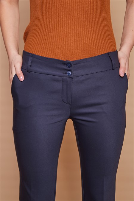 Kalın Kemerli Cepli İspanyol Bol Paça Likralı Kumaş Pantolon-Lacivert