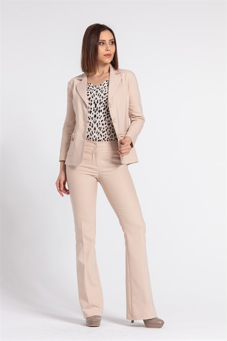 Kalın Kemerli Cepli İspanyol Bol Paça Likralı Kumaş Pantolon- Bej