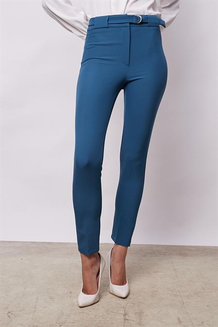 Kalın Kemerli D Tokalı Bilek Boy Normal Bel Likralı Kumaş Pantolon - Petrol