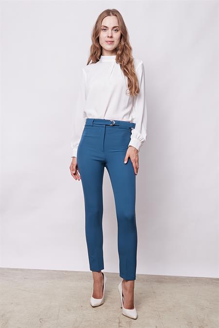 Kalın Kemerli D Tokalı Bilek Boy Normal Bel Likralı Kumaş Pantolon - Petrol
