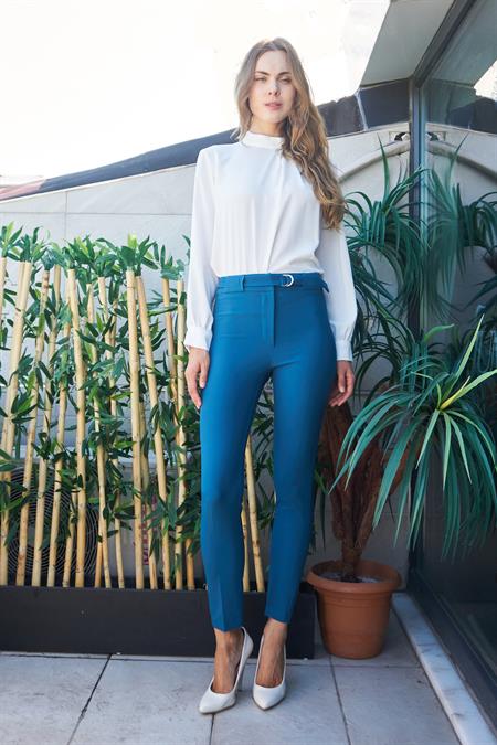 Kalın Kemerli D Tokalı Bilek Boy Normal Bel Likralı Kumaş Pantolon - Petrol