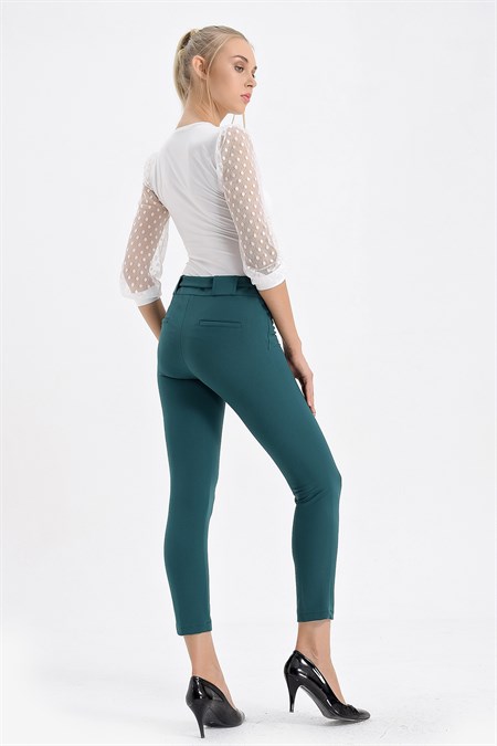 Kalın Kemerli D Tokalı Bilek Boy Normal Bel Likralı Kumaş Pantolon - Koyu Yeşil 