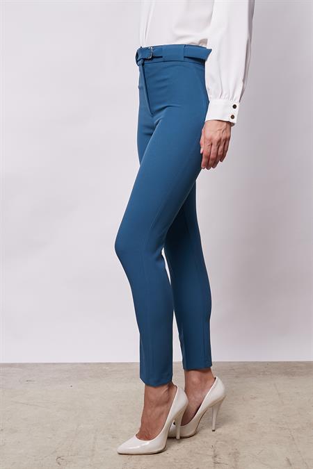 Kalın Kemerli D Tokalı Bilek Boy Normal Bel Likralı Kumaş Pantolon - Petrol