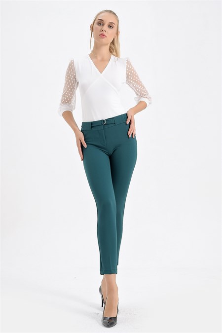 Kalın Kemerli D Tokalı Bilek Boy Normal Bel Likralı Kumaş Pantolon - Koyu Yeşil 