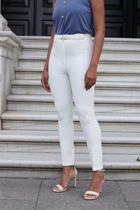 Kalın Kemerli D Tokalı Likralı Bilek Boy Kumaş Pantolon-Krem