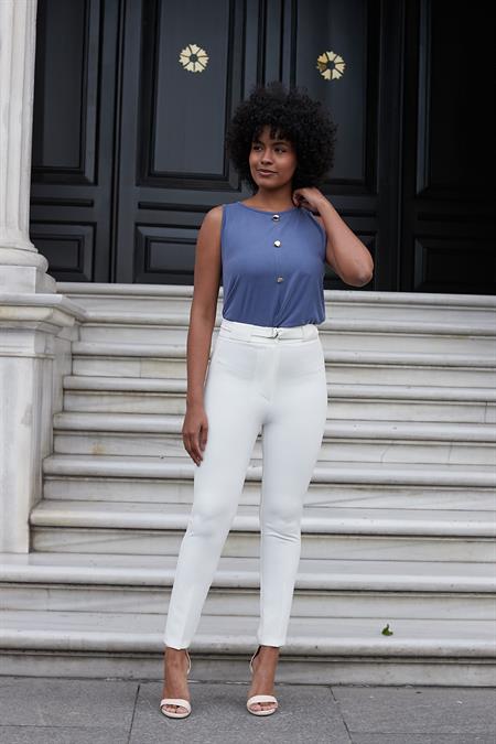 Kalın Kemerli D Tokalı Likralı Bilek Boy Kumaş Pantolon-Krem