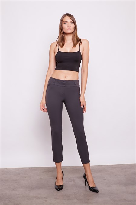 Kalın Kemerli Süs Cepli Bilek Boy Likralı Kumaş Pantolon-Antrasit