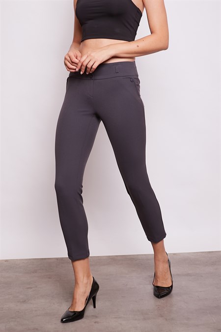 Kalın Kemerli Süs Cepli Bilek Boy Likralı Kumaş Pantolon-Antrasit