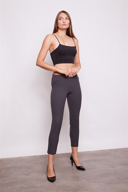 Kalın Kemerli Süs Cepli Bilek Boy Likralı Kumaş Pantolon-Antrasit