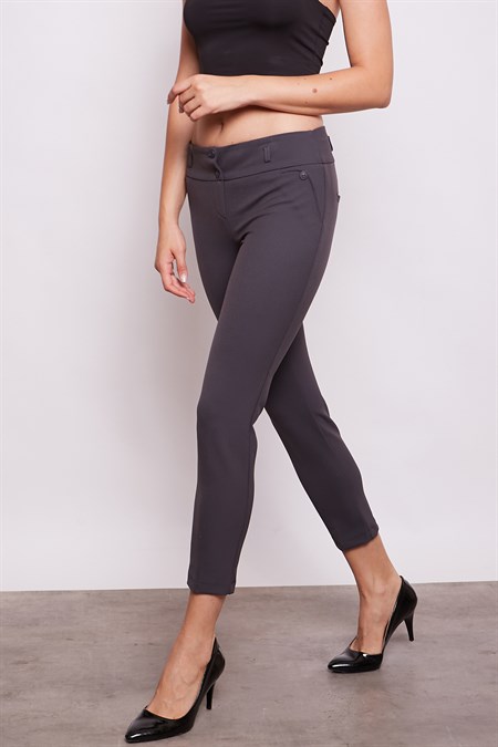 Kalın Kemerli Süs Cepli Bilek Boy Likralı Kumaş Pantolon-Antrasit