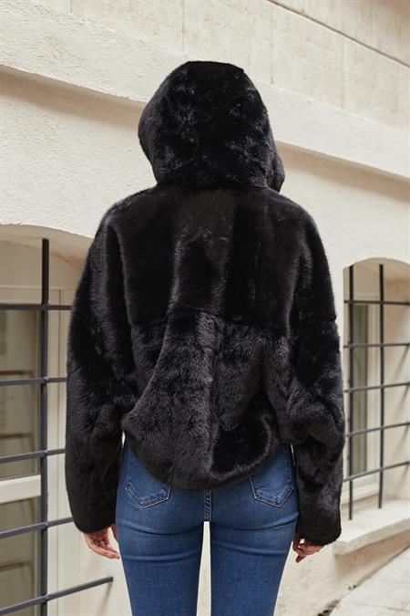 kapşonlu önü fermuarlı kürk kaban